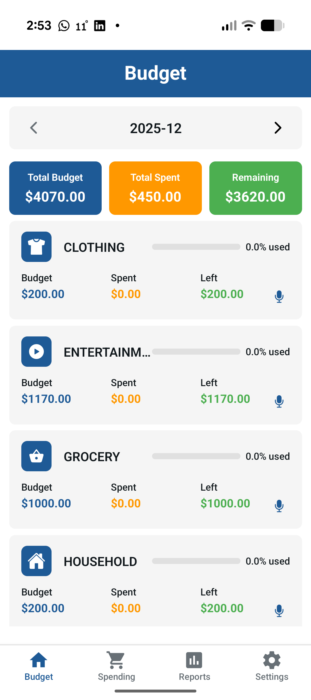 Main Budget Screen for React Native App